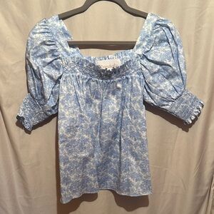 Dondolo Light Blue Floral Puff-Sleeve Square Neck Blouse